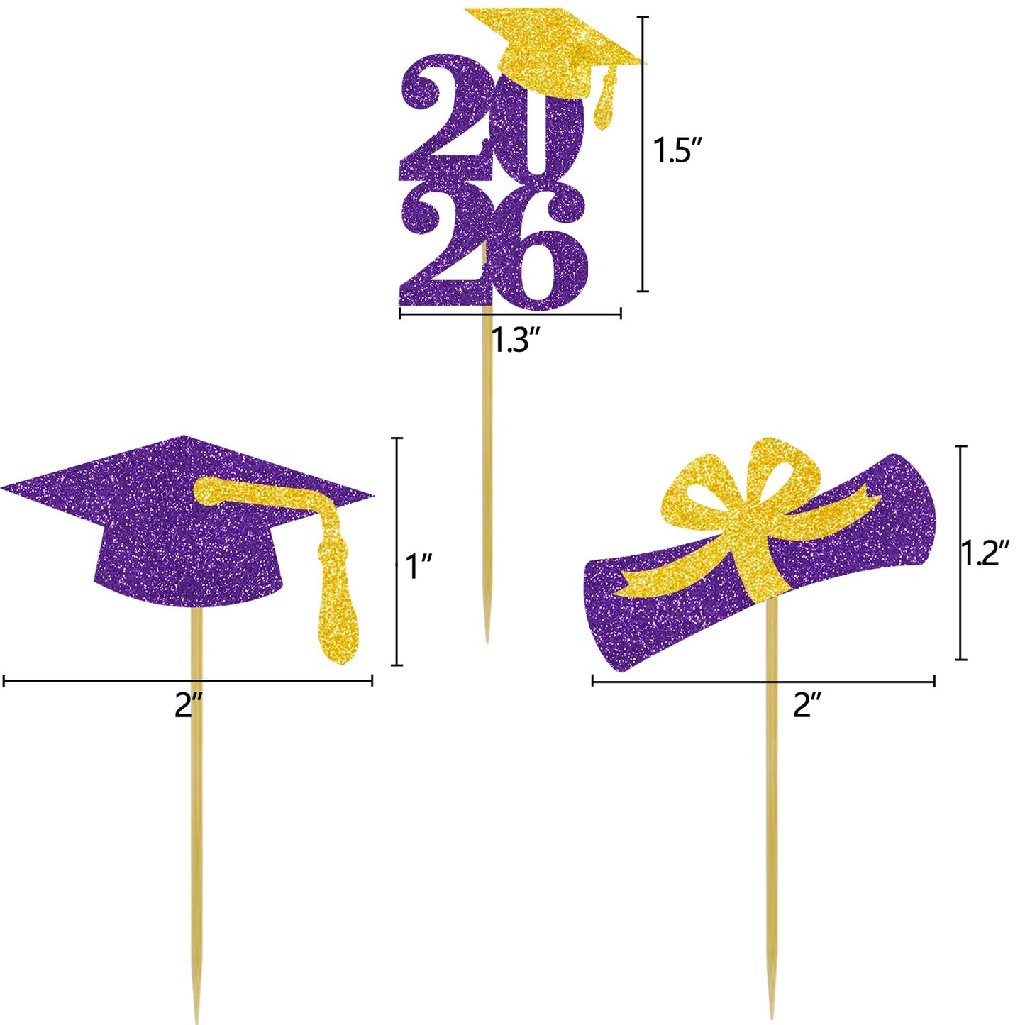 Graduation Cupcake Toppers Grad Party Decoration Food Picks Congrats Glitter Diploma Cap School Colors Supplies 24 PCS Purple Gold