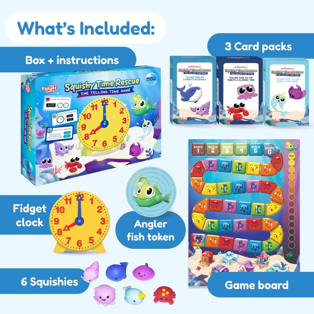 The Fidget Game Squishy Time Rescue - Telling Time Game for Kids Ages 6-11 | Multisensory Hands-On Learning Board Game with Manipulatives | Classroom