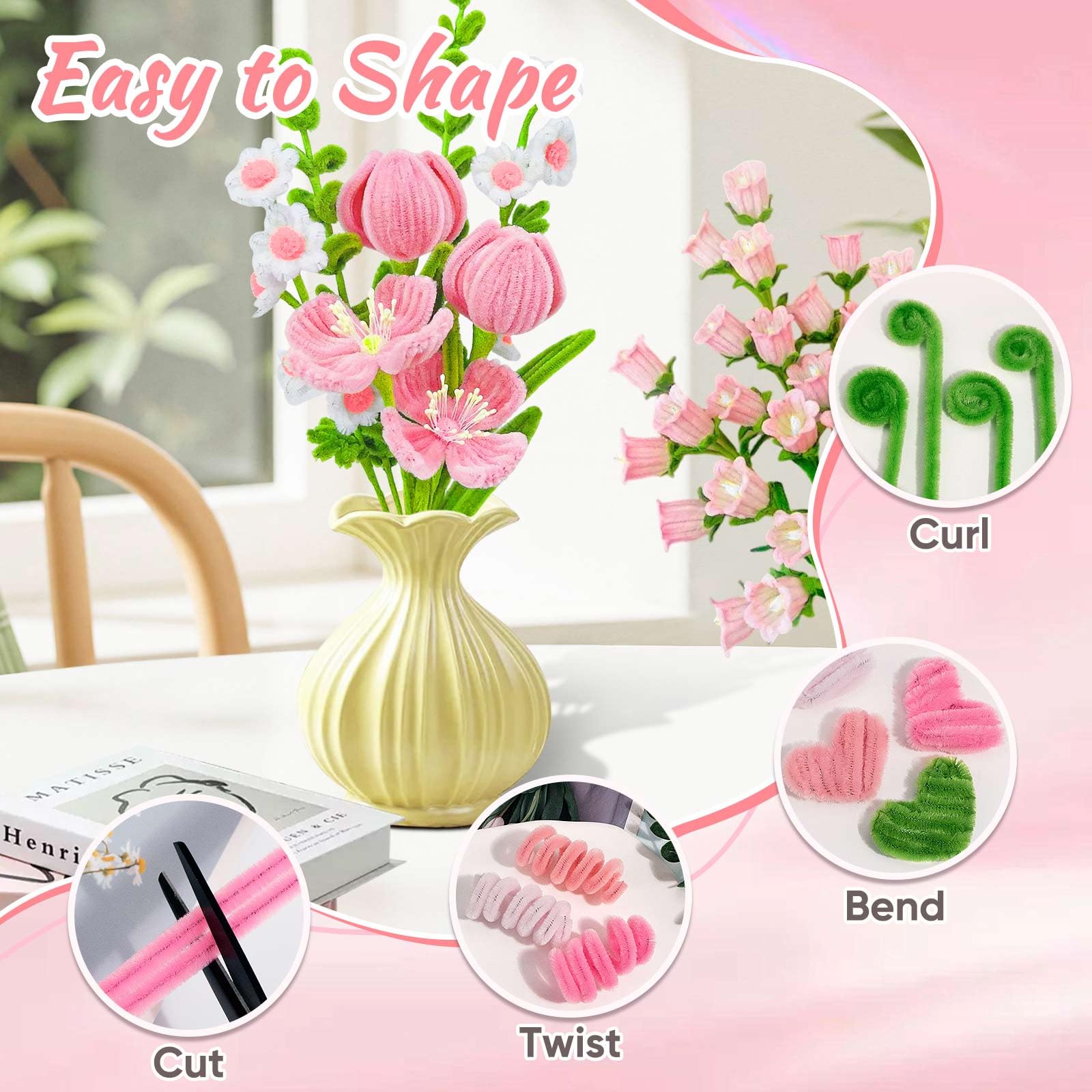 Ranslen Pipe Clearers Craft, 430Pcs Arts and Crafts Chenille Stems Craft Sticks for Projects Creative DIY Room Decor, Pink Art Supplies Flower Making