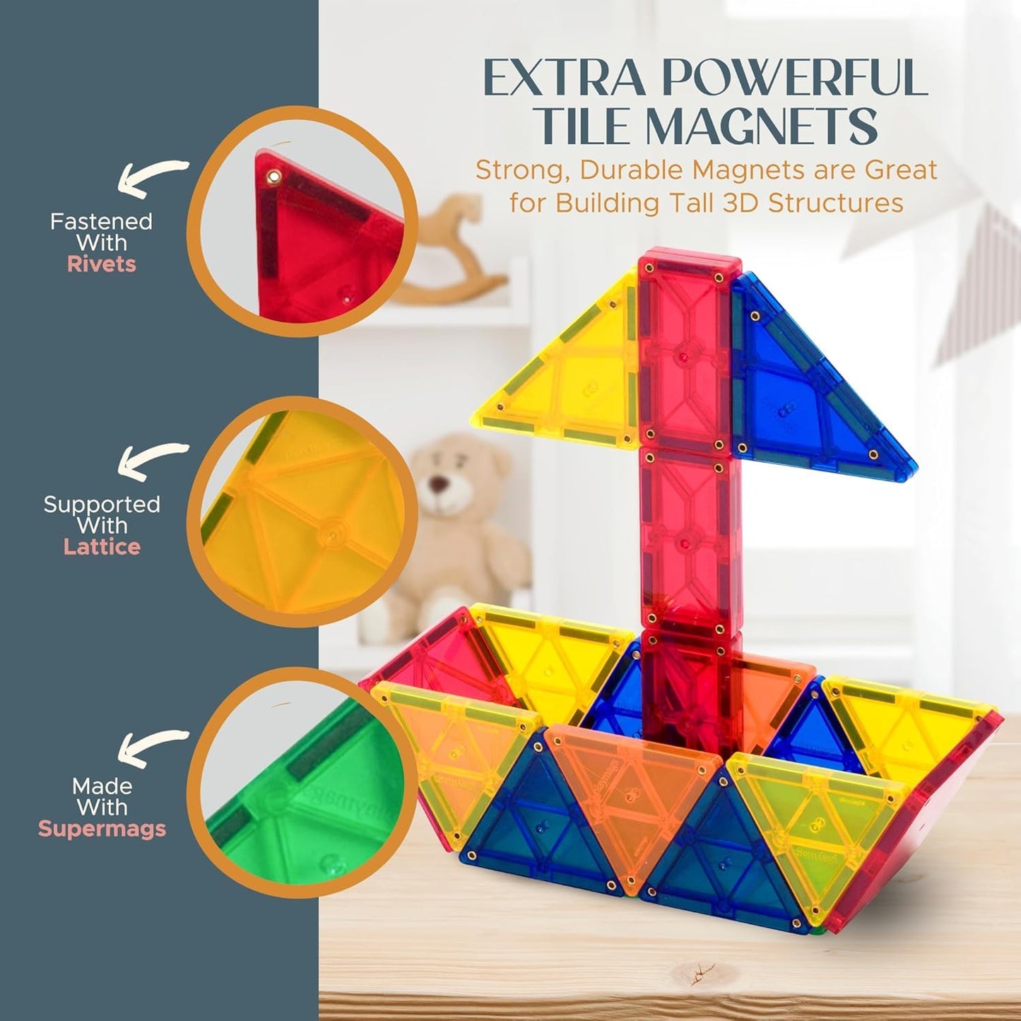Playmags 48 Piece Set - with Stronger Magnets, STEM Toys for Kids, Magnetic Tiles and Building Blocks, Sturdy, Super Durable with Vivid Clear Color