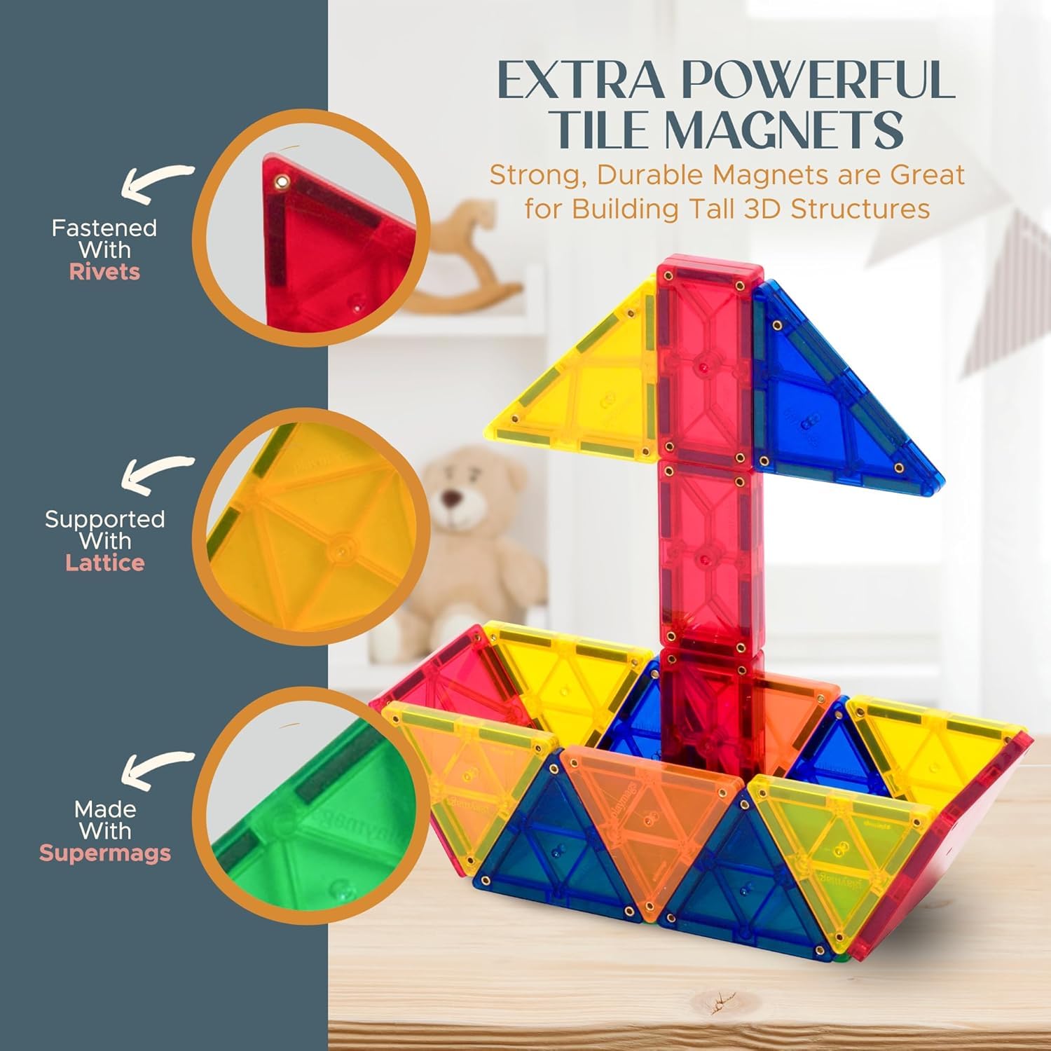 Playmags 48 Piece Set - with Stronger Magnets, STEM Toys for Kids, Magnetic Tiles and Building Blocks, Sturdy, Super Durable with Vivid Clear Color