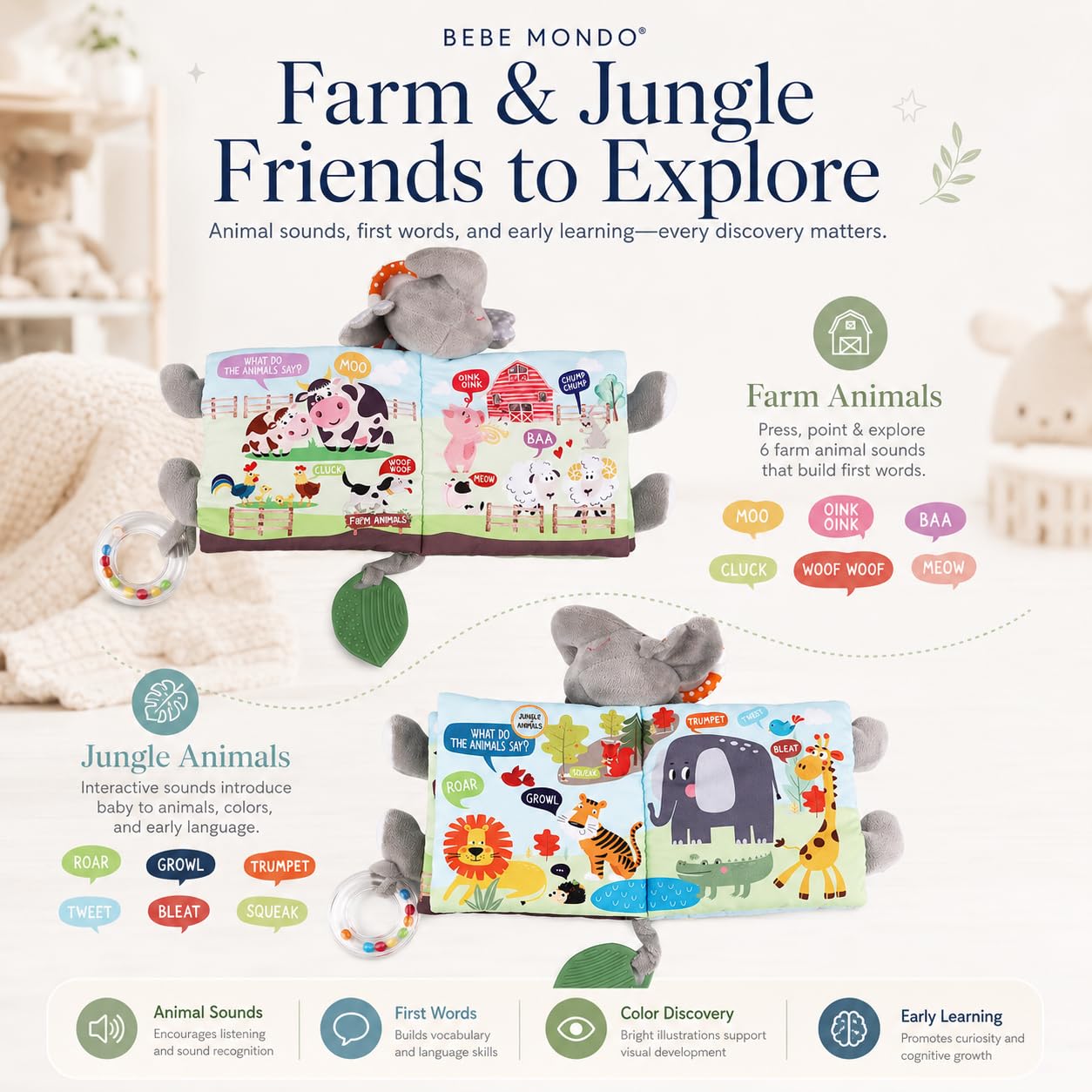 Elephant Baby Toy, Baby Toys 0-6 Months, Infant Toys 6-12 Months, Lovey Crinkle Books for Babies, Sensory Toys,Baby Teething, Baby Rattle,Touch Feel