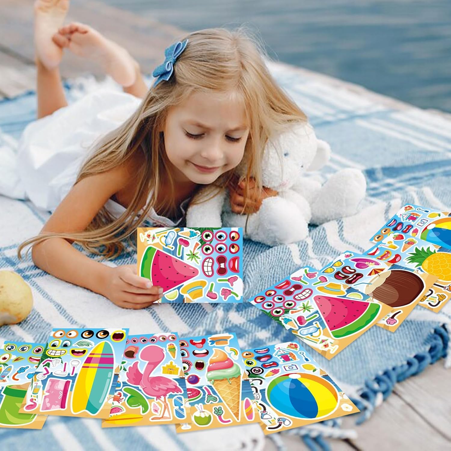 32 Sheets Summer Stickers for Kids, Make a Face Sticker Hawaii Tropical Pool Beach Stickers, Make Your Own Watermelon Pineapple Flamingo Sticker