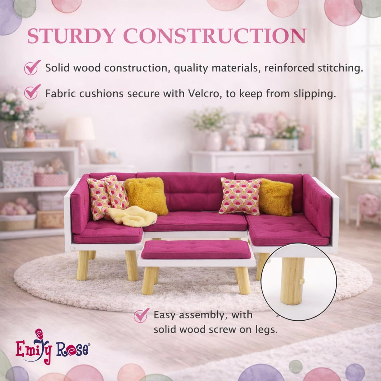 Emily Rose 18 Inch Doll Living Room Furniture Set - 19 Piece Wooden Convertible Sectional Sofa Daybed with TV, Fireplace, No-Slip Cushions &