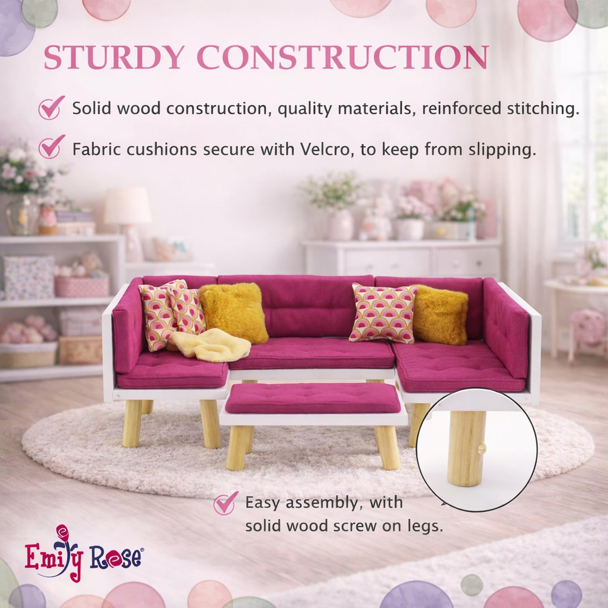 Emily Rose 18 Inch Doll Living Room Furniture Set - 19 Piece Wooden Convertible Sectional Sofa Daybed with TV, Fireplace, No-Slip Cushions &