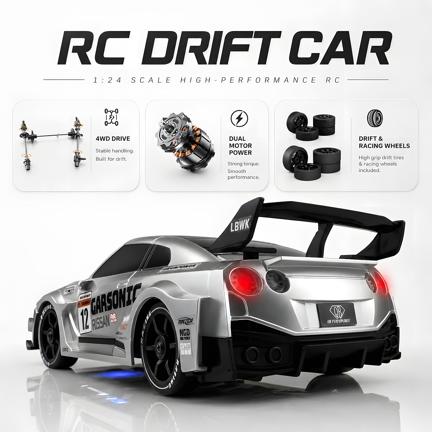 XGUICHEEN RC Drift Car, 1:24 Scale Remote Control Vehicle with LED Lights,Drifting Tires?Two Batteries, Racing Sports Toy Idea Gift for Adults Boys