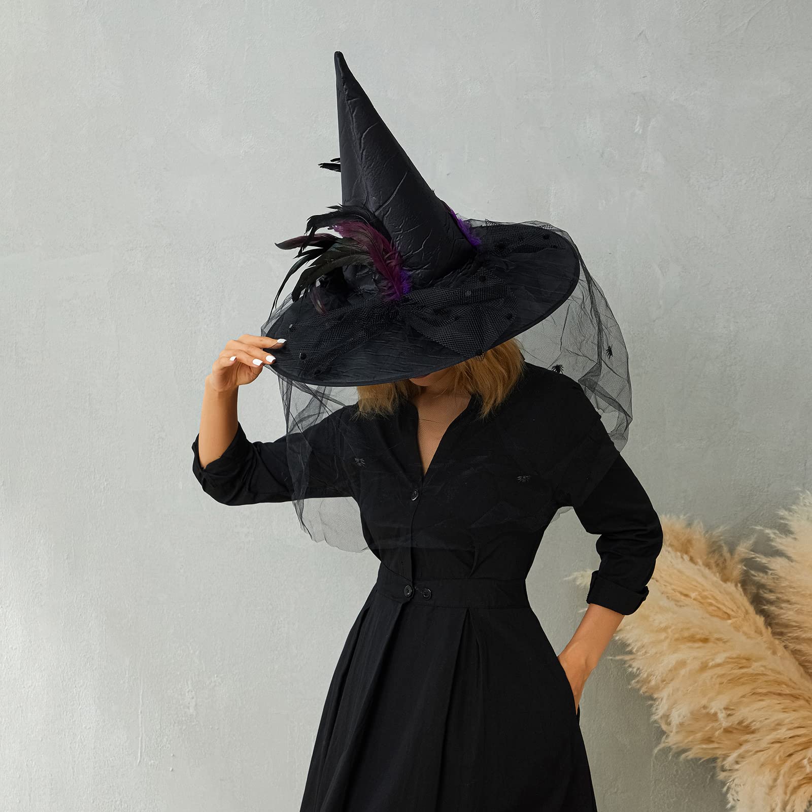 SSPalu Halloween Deluxe Witch Hat Veils Spiders Feathers Felt Wizard Cap Women Men Wide Brim Pointed Hat Party Carnival Cosplay Costume