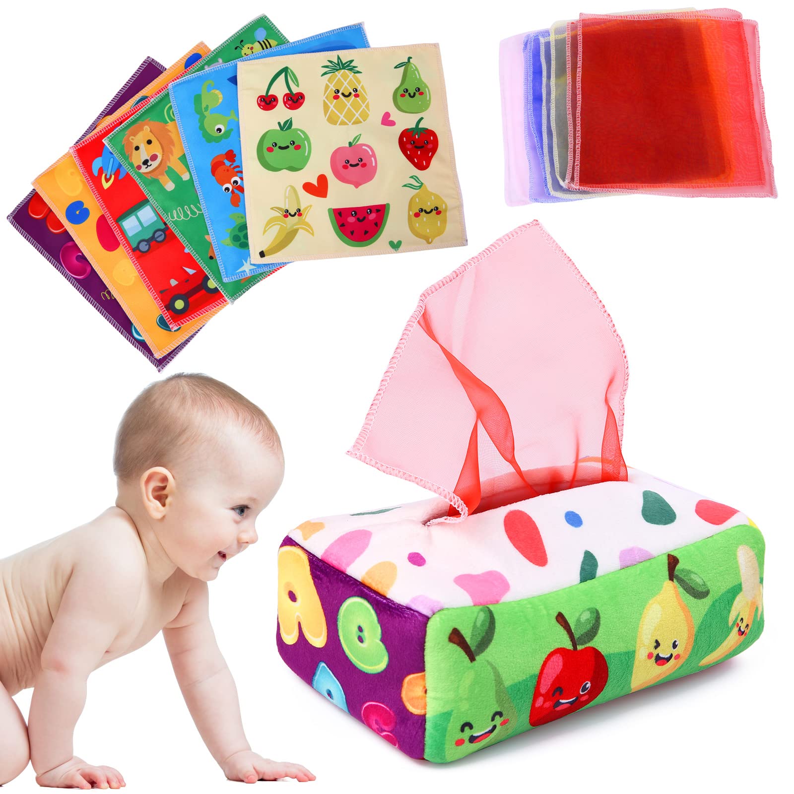 YOGINGO Baby Toys 6 to 12 Months - Tissue Box Toy Montessori for Babies 6-12 Months, Soft Stuffed High Contrast Crinkle Infant Sensory Toys