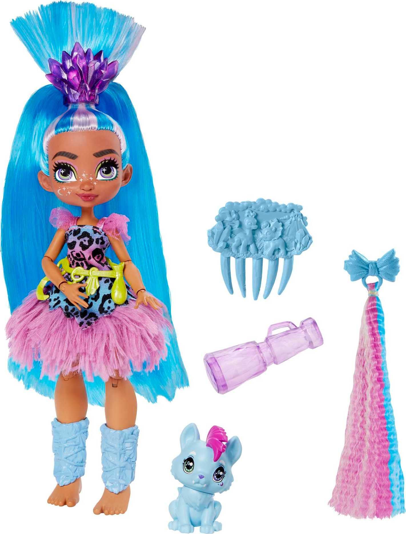 Mattel Cave Club Tella Doll (8 10-inch, Blue Hair) Poseable Prehistoric Fashion Doll with Dinosaur Pet and Accessories, Gift for 4 Year Olds and Up