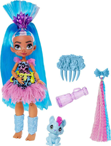Mattel Cave Club Tella Doll (8 10-inch, Blue Hair) Poseable Prehistoric Fashion Doll with Dinosaur Pet and Accessories, Gift for 4 Year Olds and Up