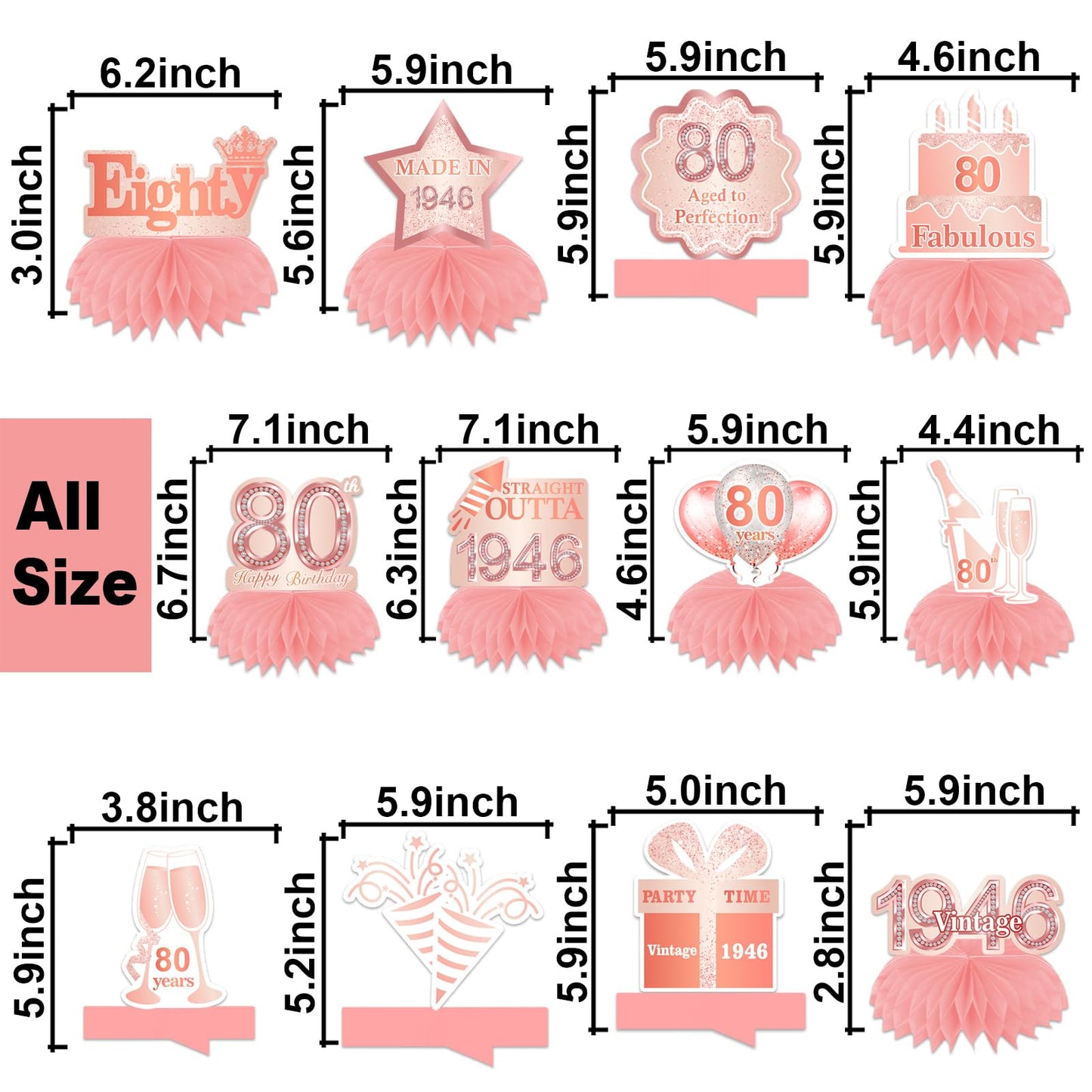 Happy 80th Birthday Rose Gold Table Honeycomb Centerpieces Balloons Theme Decor Table Decorations Table Toppers for Girls Women Sweet Princess 80