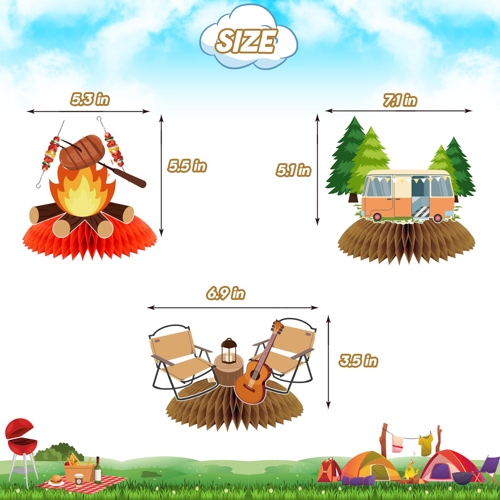 PRATYUS Camping Birthday Decorations, 9 Pcs Camping Party Honeycomb Centerpieces Table Topper Decors for Kids Boys Girls Adventure Theme Baby Shower