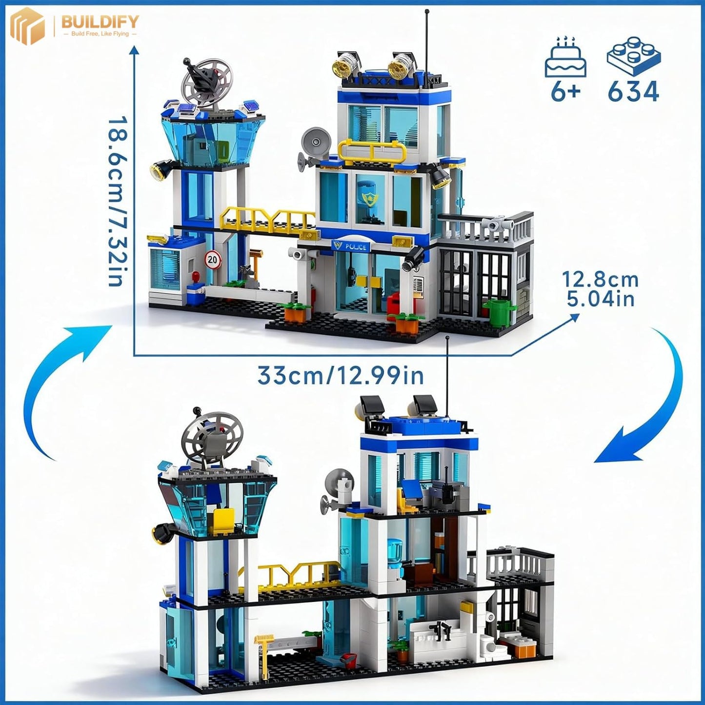BUILDIFY City Police Station Building Block Set with Light, 634 PCS HQ Station Kits with Helicopter, Police Car and Motorcycle. Ideal as a Birthday