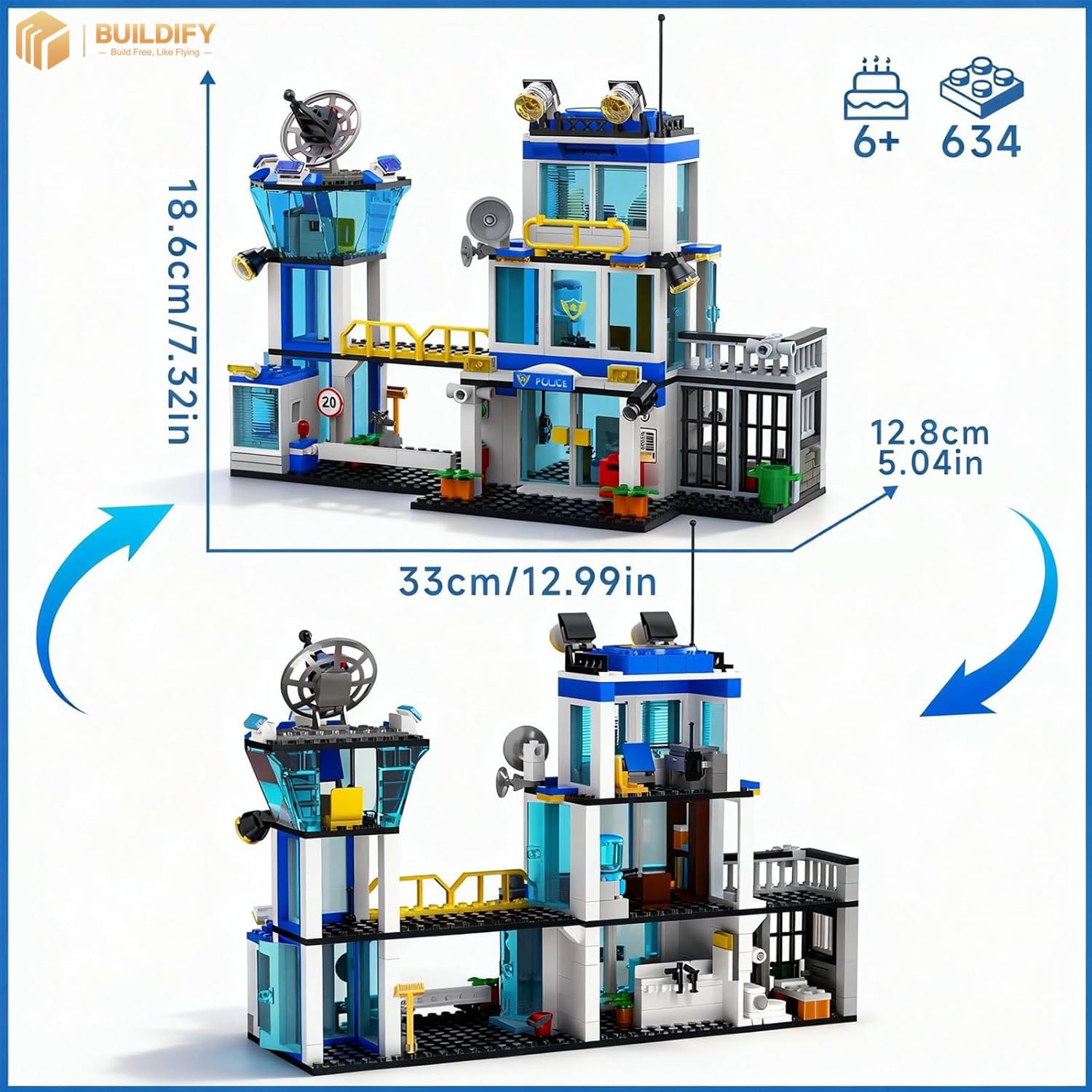 BUILDIFY City Police Station Building Block Set with Light, 634 PCS HQ Station Kits with Helicopter, Police Car and Motorcycle. Ideal as a Birthday