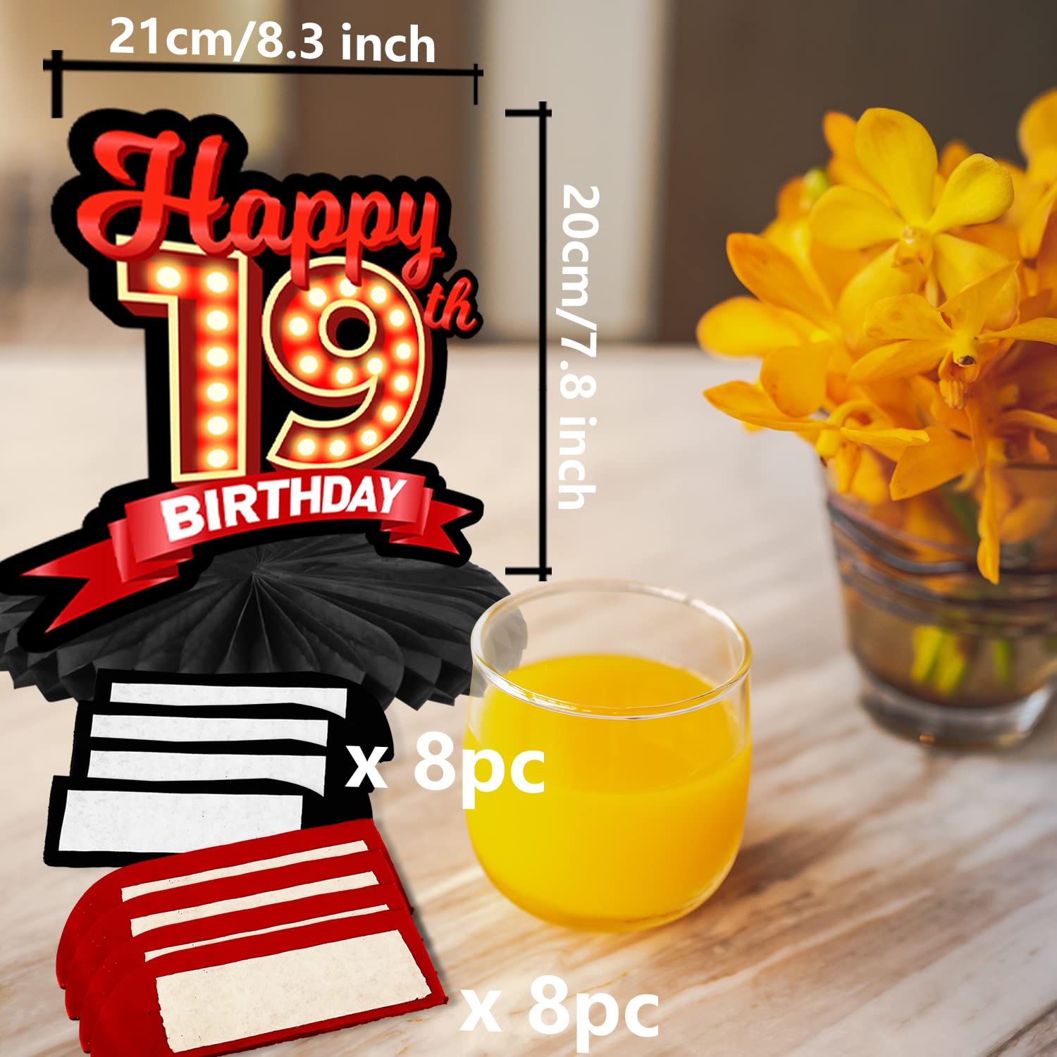 Happy 19th Birthday Red and Black Table Honeycomb Centerpieces Balloons Theme Decor Table Decorations Table Toppers for Girls Women Princess 19 Years