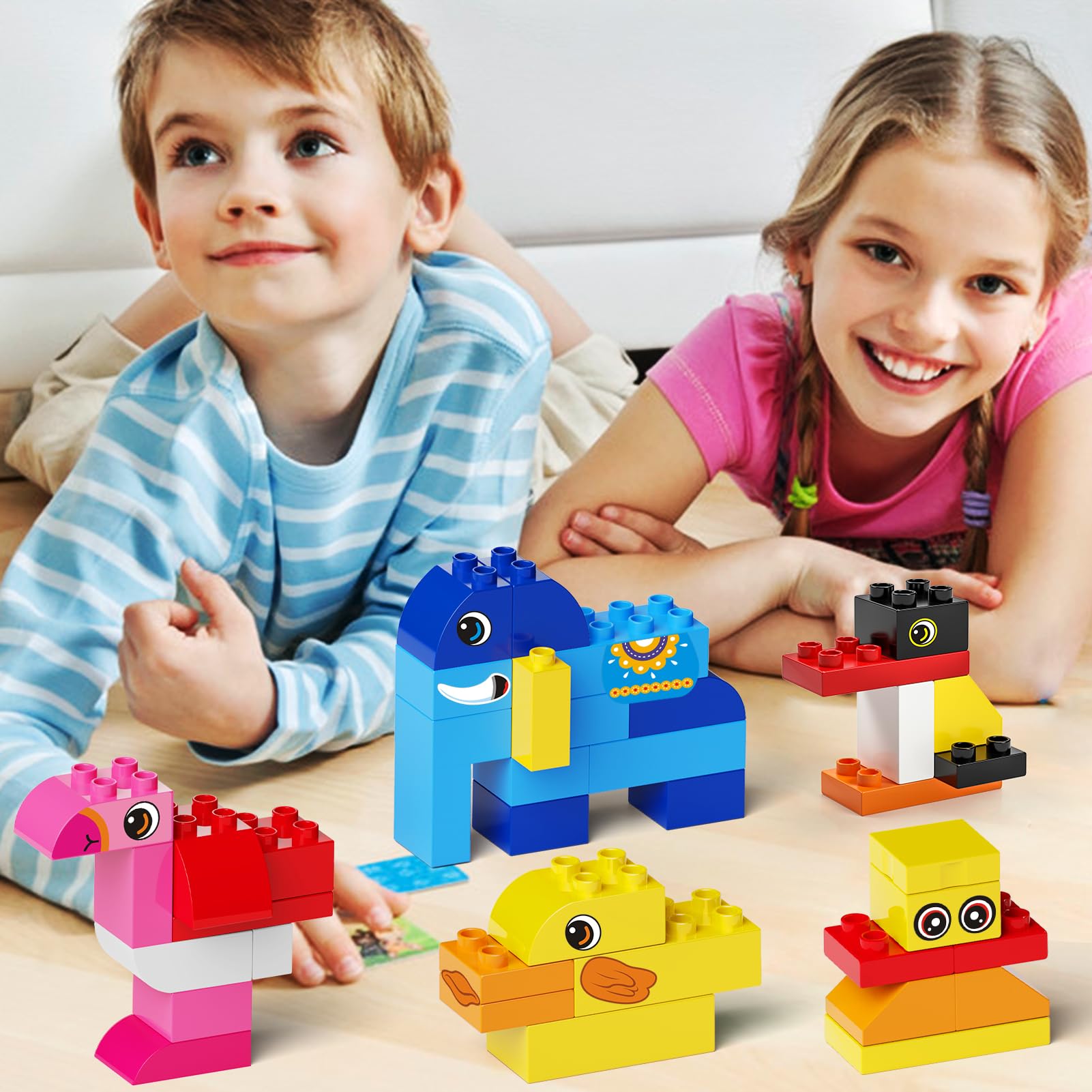burgkidz Animal Building Toys for Toddlers 3-5, Jumbo 135Pcs Building Blocks, Creative Take Apart Puzzle with Storage Bucket, Compatible with Major