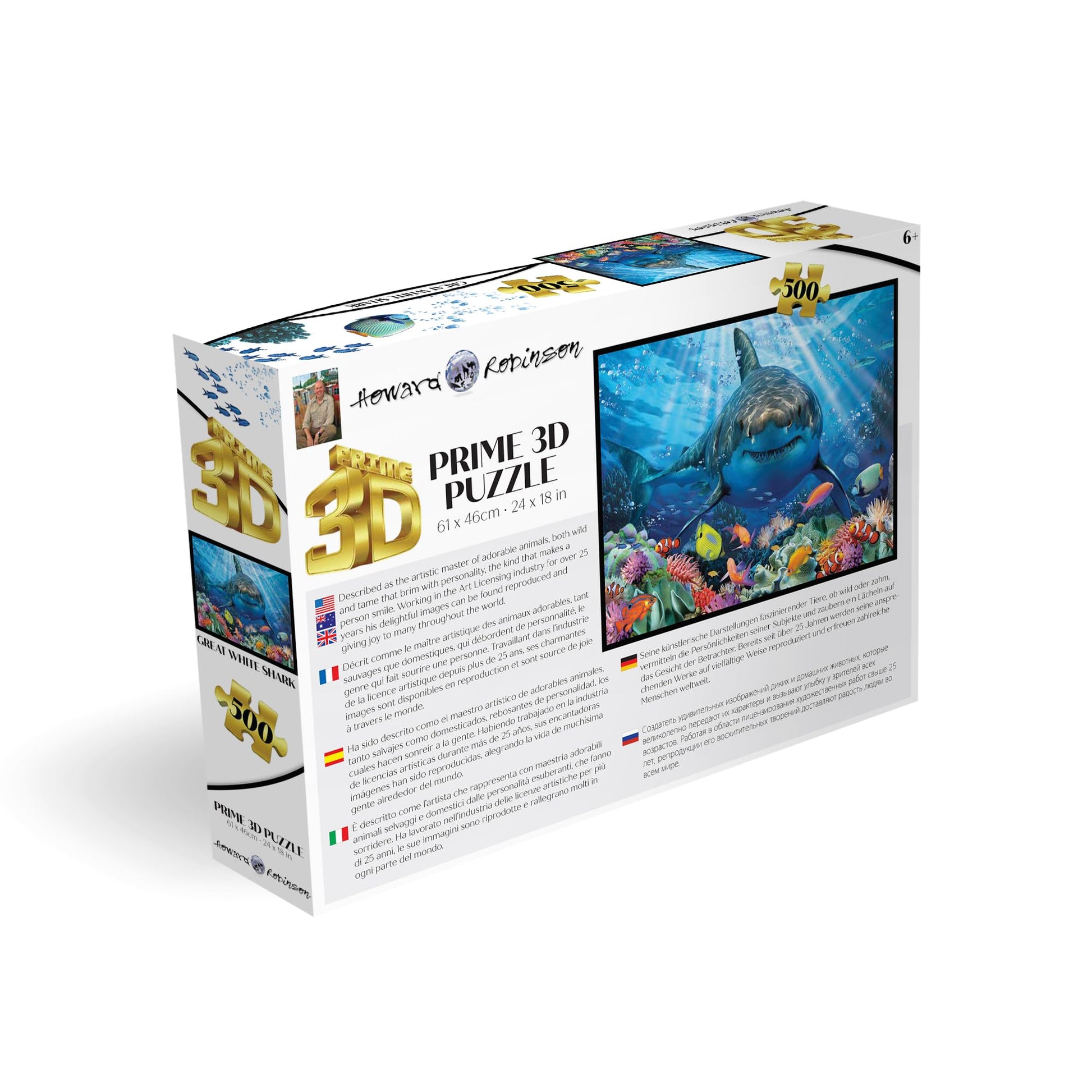 Prime 3D Great White Shark Puzzle - 500 Piece 3D Lenticular Ocean Jigsaw for Adults & Kids, 24"x18" Fun Activity with Depth, Howard Robinson Gift