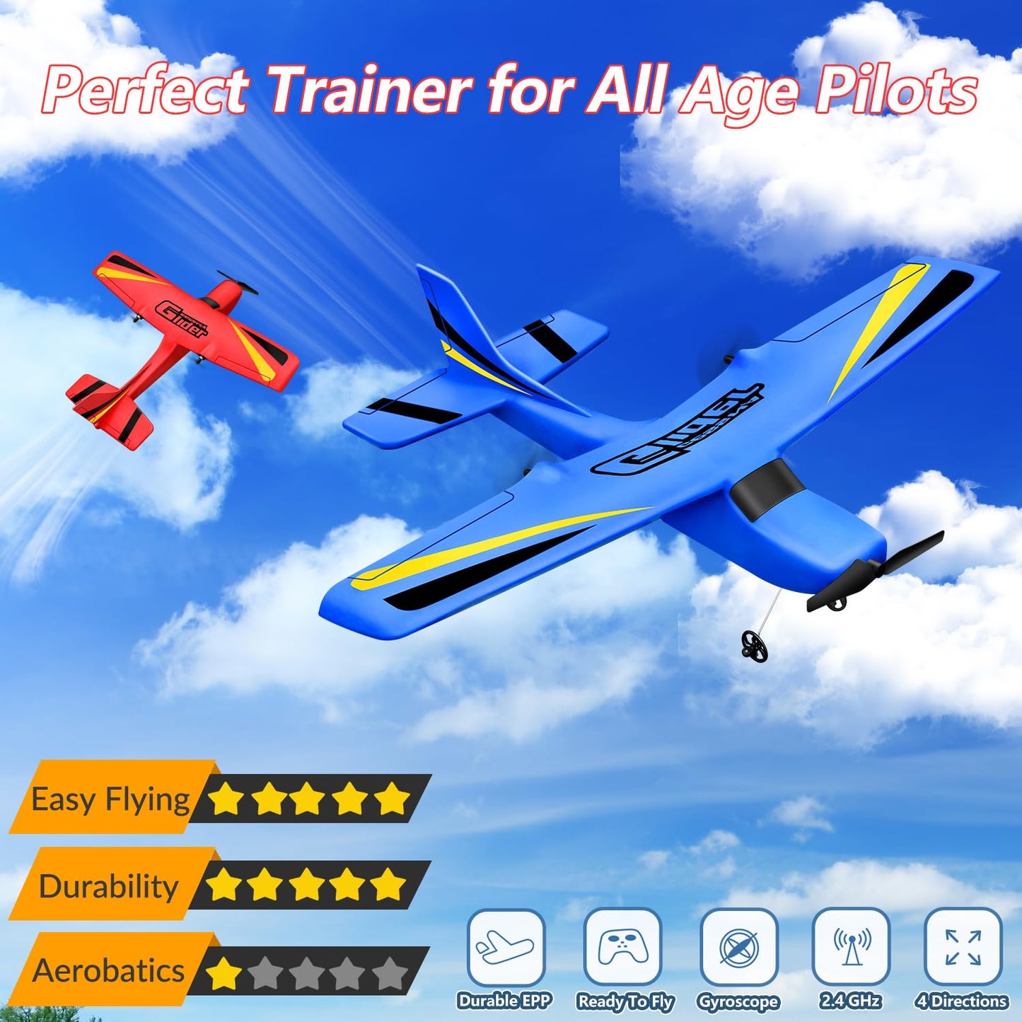 HAWK'S WORK 2 CH RC Airplane, RC Plane Ready to Fly, 2.4GHz Remote Control Airplane, Easy to Fly RC Glider for Kids & Beginners (Red)