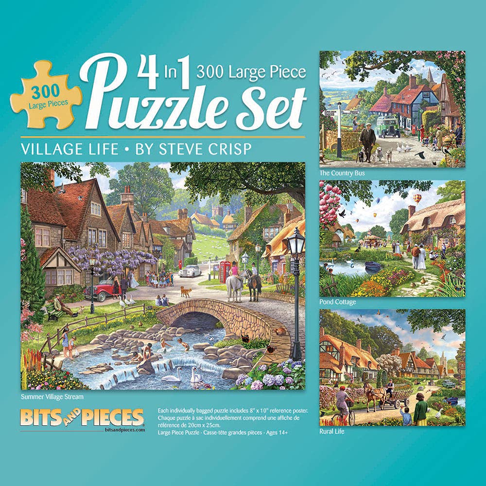 Bits and Pieces - 4-in-1 Multi-Pack 300 Piece Jigsaw Puzzles for Adults - Village Life by Artist Steve Crisp, Completed Puzzle Size: 16" x 20"