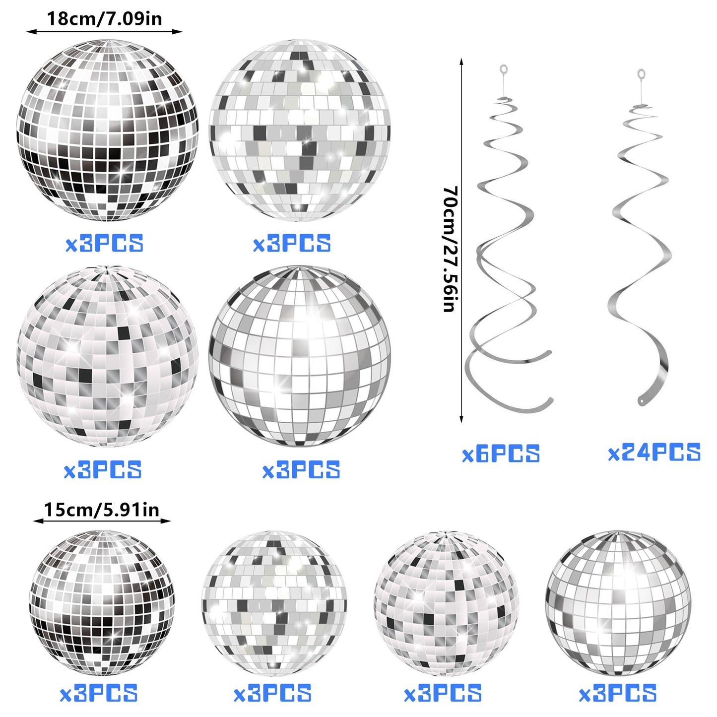 54 Pieces Disco Party Decorations Sliver Disco Ball Hanging Swirls 70s Ceiling Decor for 70s Fever Birthday Party Supplies
