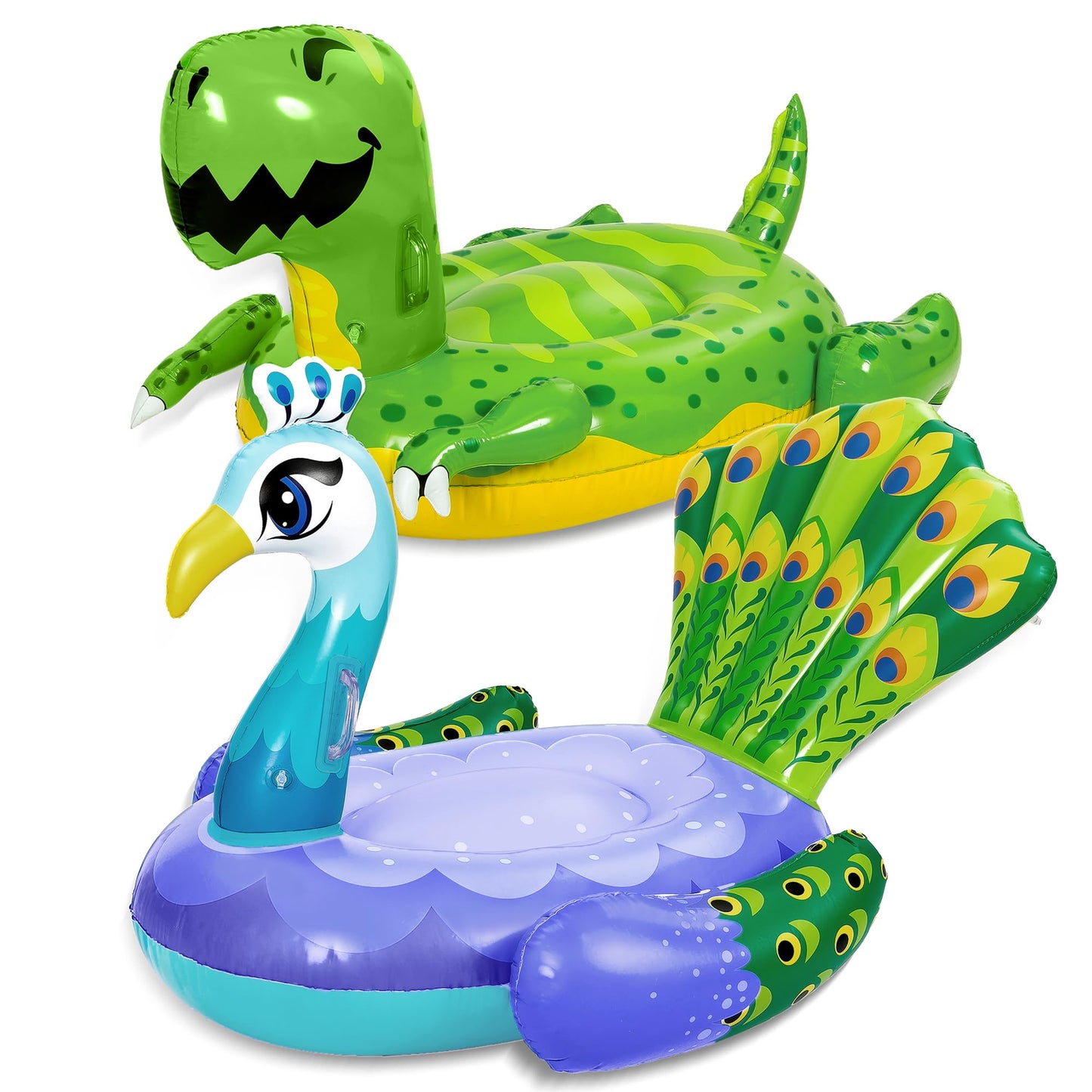 Sloosh 2-Pack Inflatable Dinosaur & Peacock Pool Floats Set, Fun Beach Floaties for Swim Party Decorations Toys, Inflatable Island, Summer Pool Raft