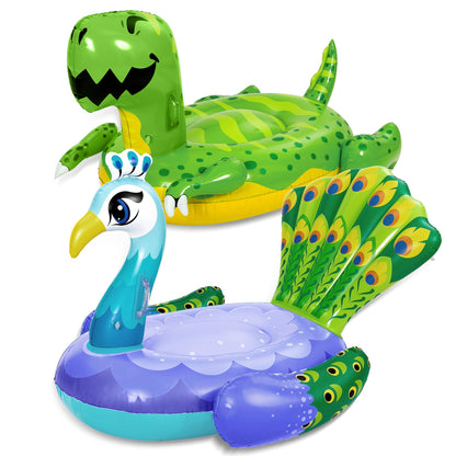 Sloosh 2-Pack Inflatable Dinosaur & Peacock Pool Floats Set, Fun Beach Floaties for Swim Party Decorations Toys, Inflatable Island, Summer Pool Raft