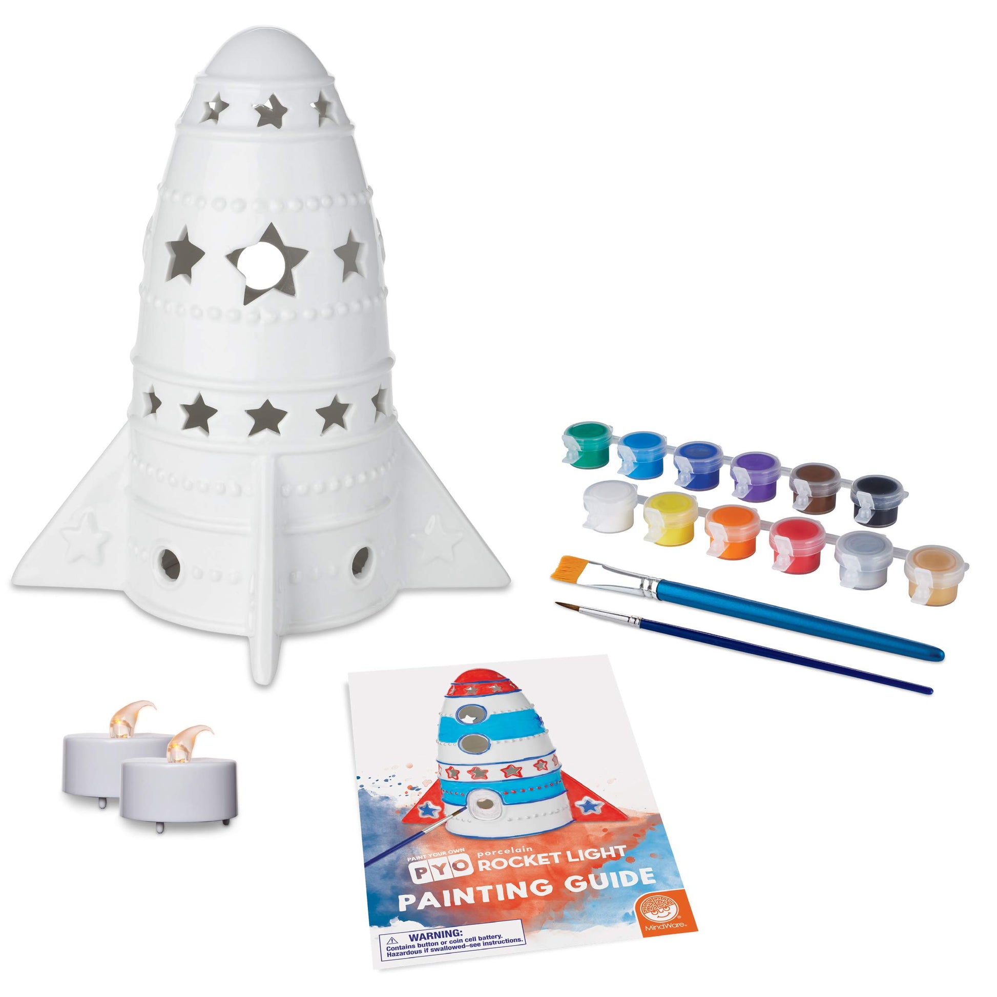 MindWare Paint Your Own Porcelain: Rocket Light with 2 Tea Lights, 12 Paints & 2 Brushes - Creative paintable Pottery Crafts & Gift Kits for Kids