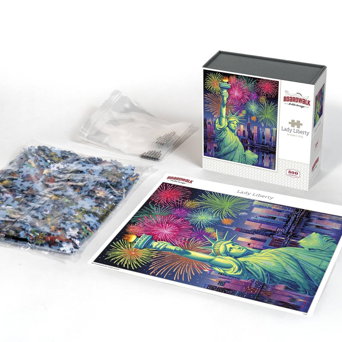 Boardwalk Lady Liberty 500 Piece Jigsaw Puzzle Patriotic Fireworks New York Puzzles with Premium Box, Gift for Adults and Family 16"x20"