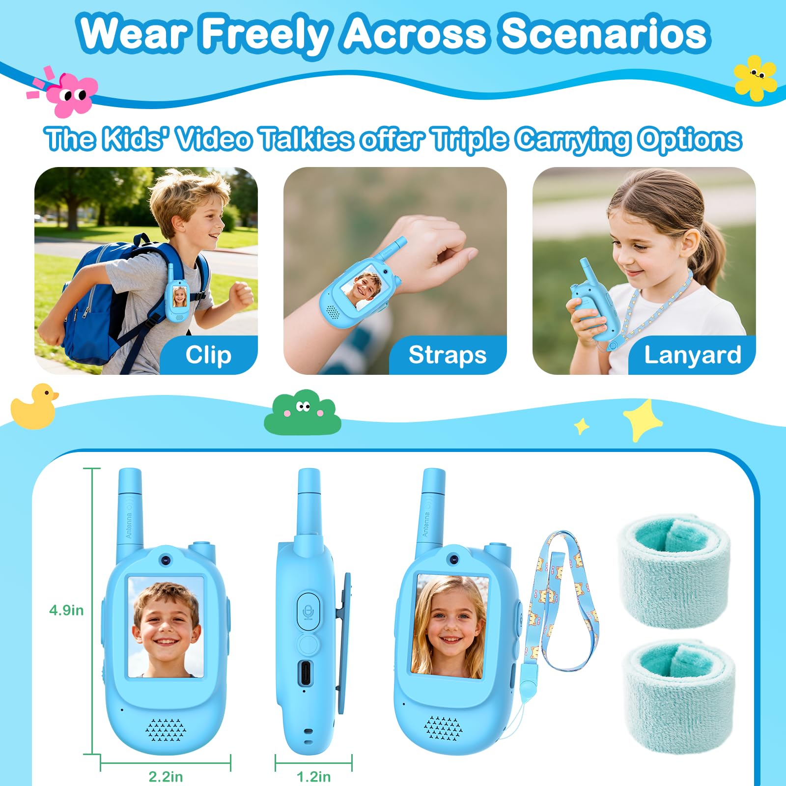 Video Walkie Talkies for Kids, 2 Pack Rechargeable HD Screen Walkies Talkies with 600 FT Outdoor Range, Voice Changer, Watch Straps & Lanyards