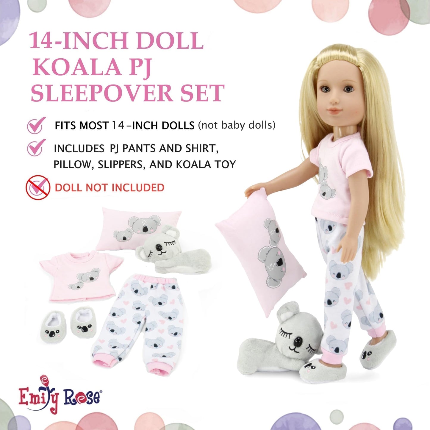 Emily Rose 14 Inch Doll Clothes - 5PC Koala Pajama PJ Sleepover Set with Slippers & Toy | USA Brand | PJs Compatible with Glitter Girls & Wellie