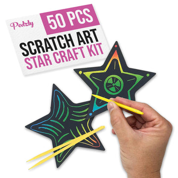 Podzly 50 Pcs Scratch Art Star Craft Kit - Magic Rainbow Color Scratch Art for Kids - DIY Star Ornament for Christmas & Easter - Art Supplies Kit