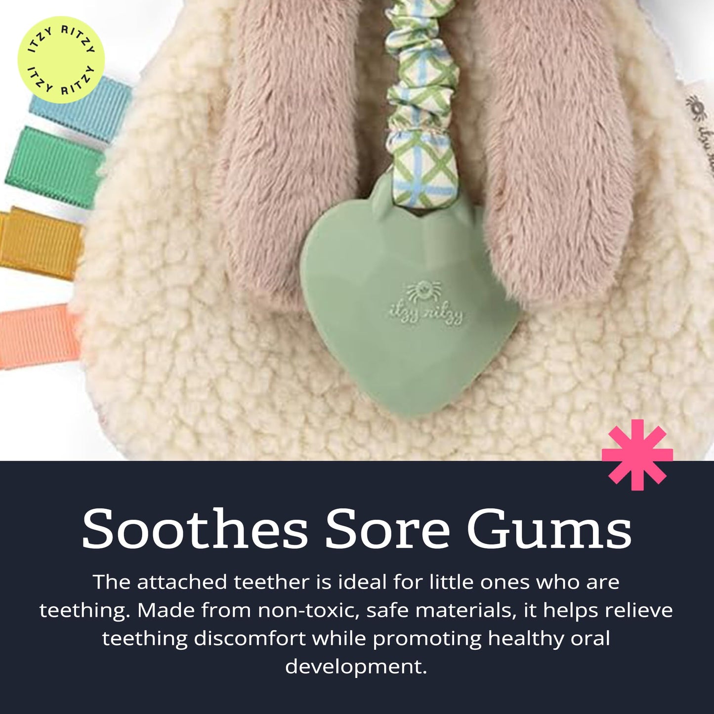 Itzy Ritzy - Itzy Lovey Including Teether - Baby Lovey with Teether, Textured Ribbons & Dangle Arms - Features Crinkle Sound, Sherpa Fabric and Minky