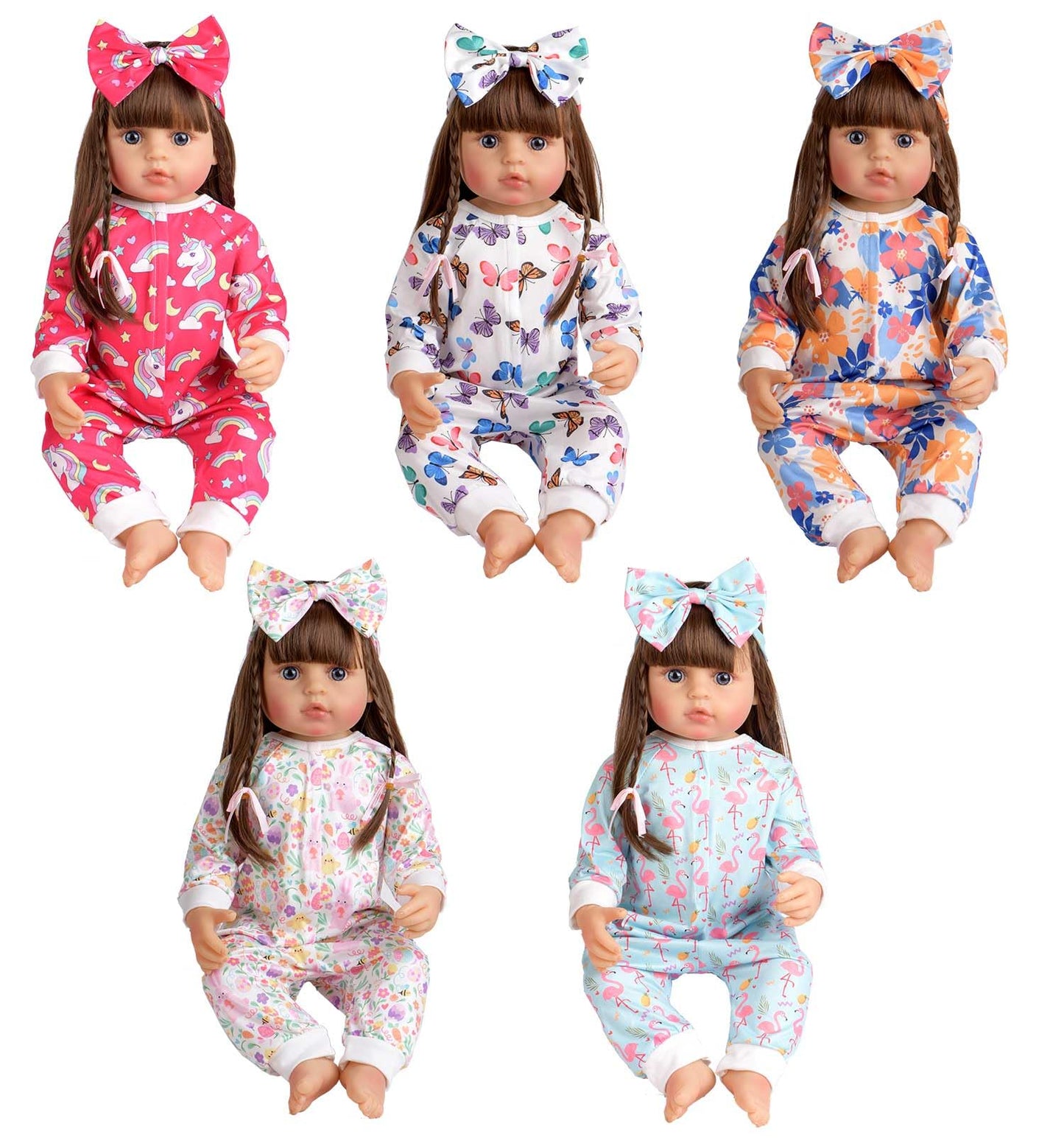 Sweet Dolly Reborn Baby Doll Clothes Accessories, 5 Set of Doll Clothing, Jumpsuit Bow Headband Outfits for 20 Inch to 22 Inch Dolls, 10 PCs in Total
