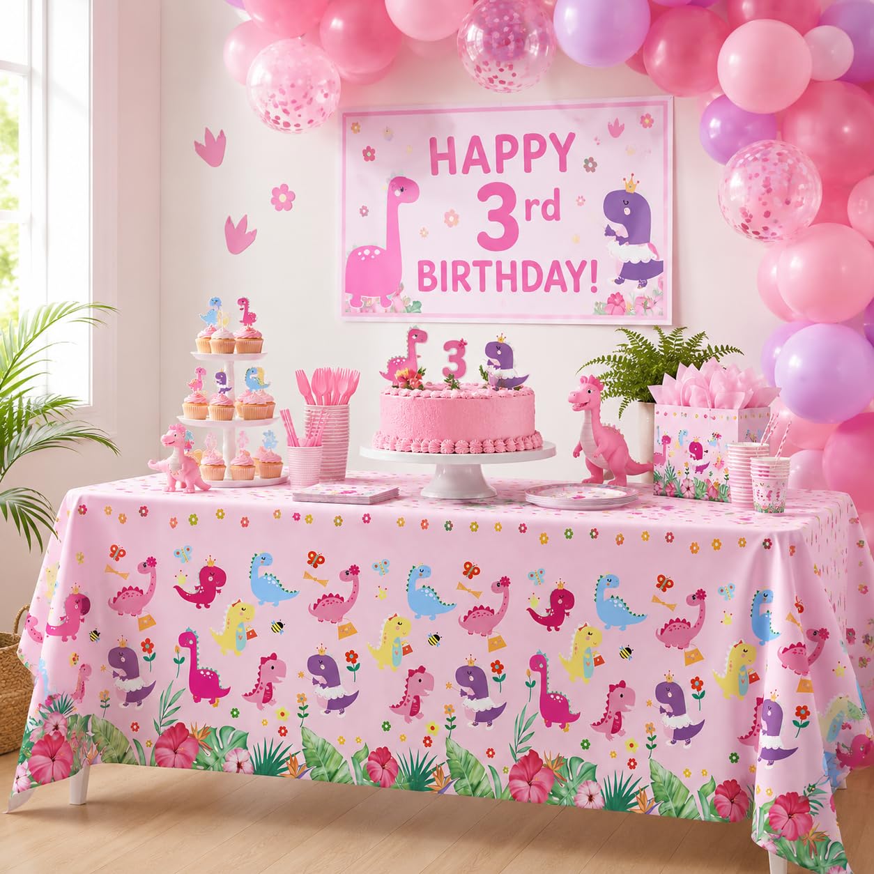 Miruwtog Dinosaur Birthday Party Supplies for Girls - Dinosaur Tablecloth, Decorations in Pink