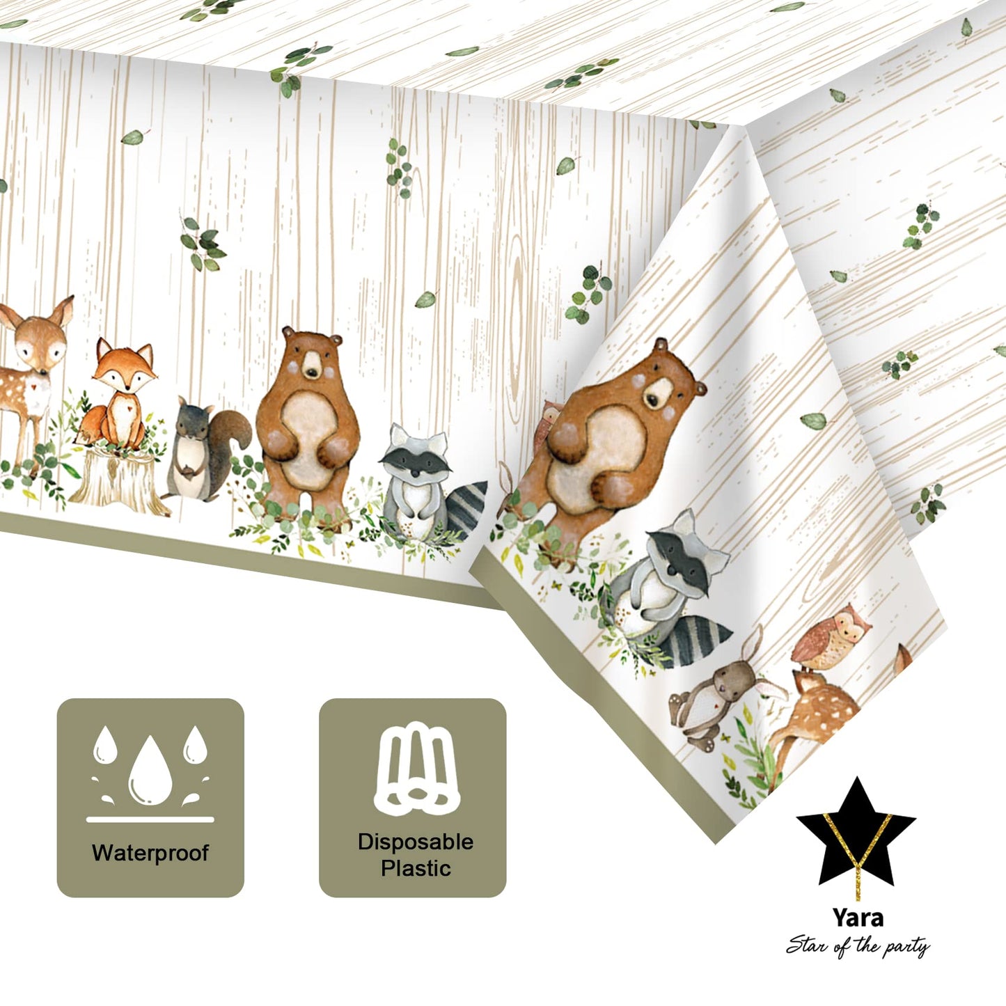 YARA Woodland Plastic Tablecloth For Baby Shower Decorations & Birthday Girl Boy |Safari Enchanted Forest Animals Decor |Neutral Gender Table