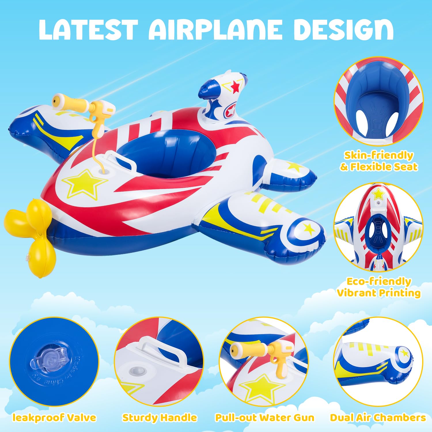 Baby Airplane Pool Float with Handle & Squirt Gun, Baby Swim Float Swimming Pool Float Kids Toddler Floaties Toddler Pool Float Age 1-4 Boys Girls