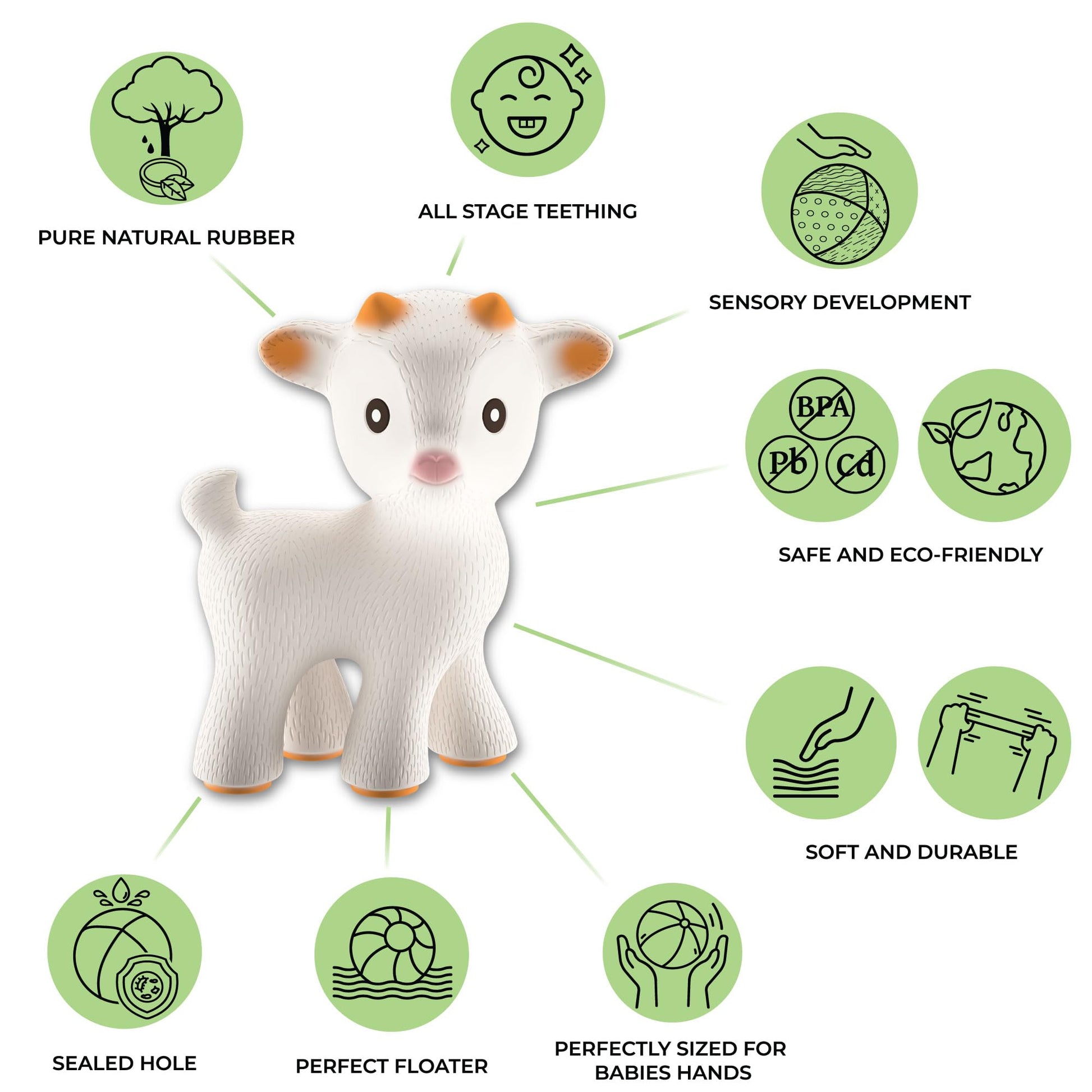 CaaOcho Pure Natural Rubber Teething Baby Toy - Sola the Goat Teether for Babies, BPA Free Baby Toy, All Natural Teething Toys for Babies 0-6, Safe