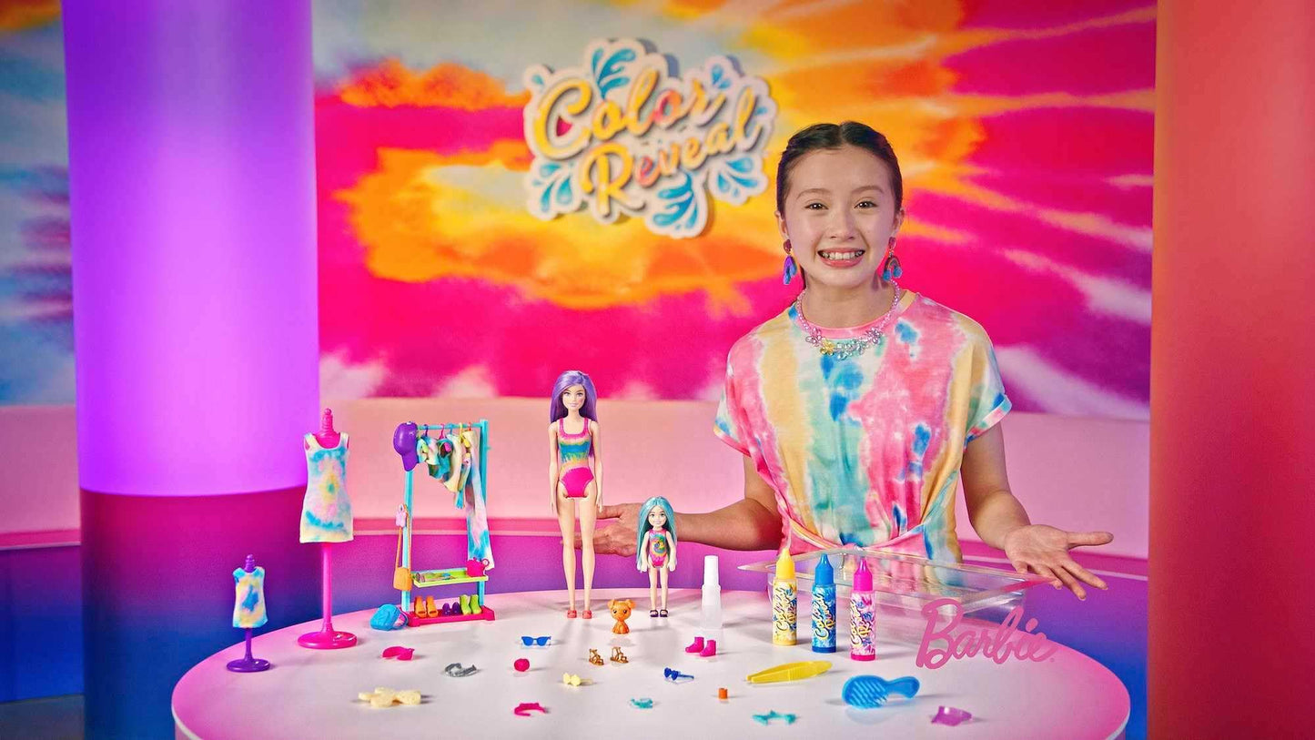 Barbie Color Reveal Toy Set, Tie-Dye Fashion Maker with Barbie & Chelsea Dolls & Accesssories, 50 Surprises Including Pets