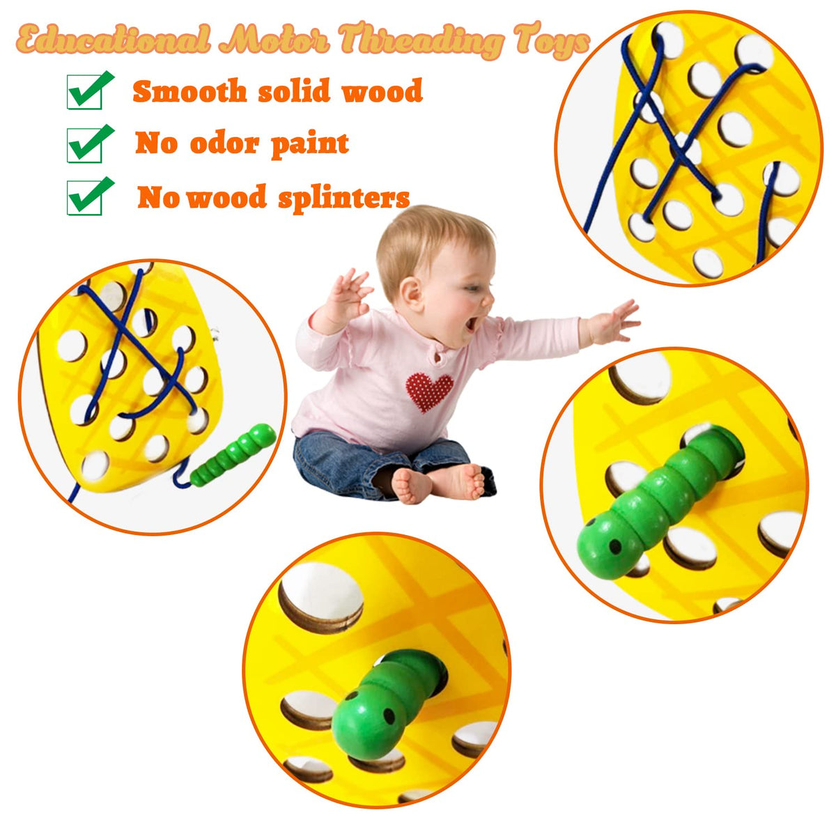 4 Pack Wooden Lacing Toy,Educational Threading Activity Puzzles,Learning Fine Motor Skill Travel Toy,Wooden Fruit Threading Set for Toddlers Kids 3 4