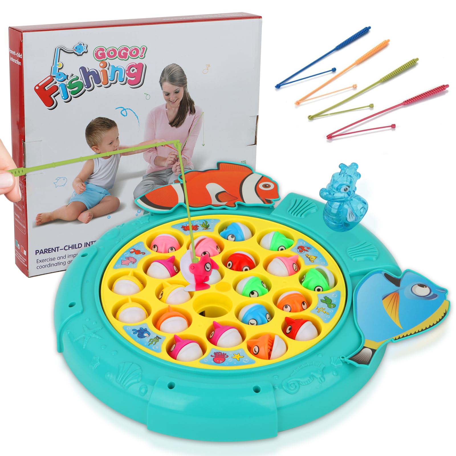 QuadPro Magnetic Fishing Games Set - Fun and Educational Fishing Toys for Toddlers and Kids, Includes 21 Fish, 4 Poles, Rotating Board, and On-Off