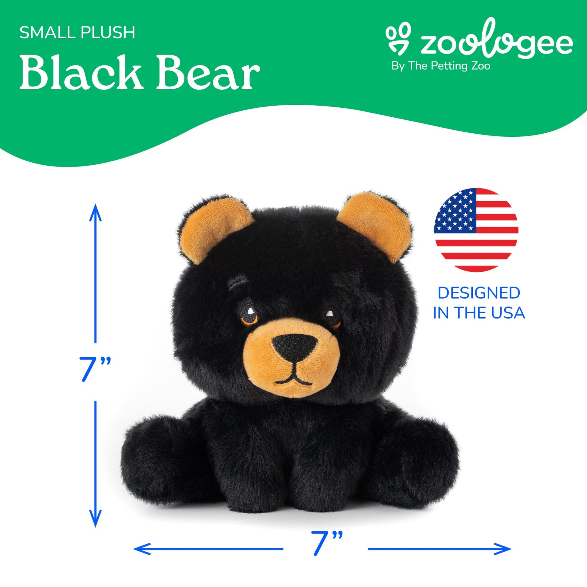 The Petting Zoo Black Bear Stuffed Animal Plushie, Gifts for Kids, Snugletz Zoologee Plush Toy, 7 in