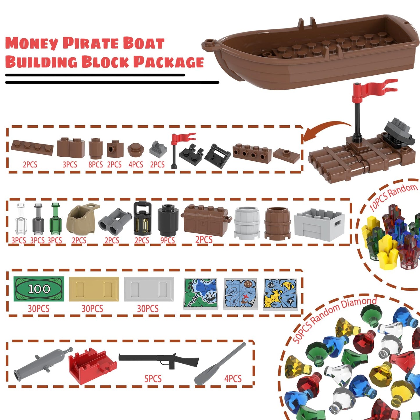 LANMANUO 221 PCS Money Bank Building Block, Pirate Ships Maps Treasure Chest City 100 Dollar Jewel Gems Diamonds Gold Bar Coins Bricks Pieces