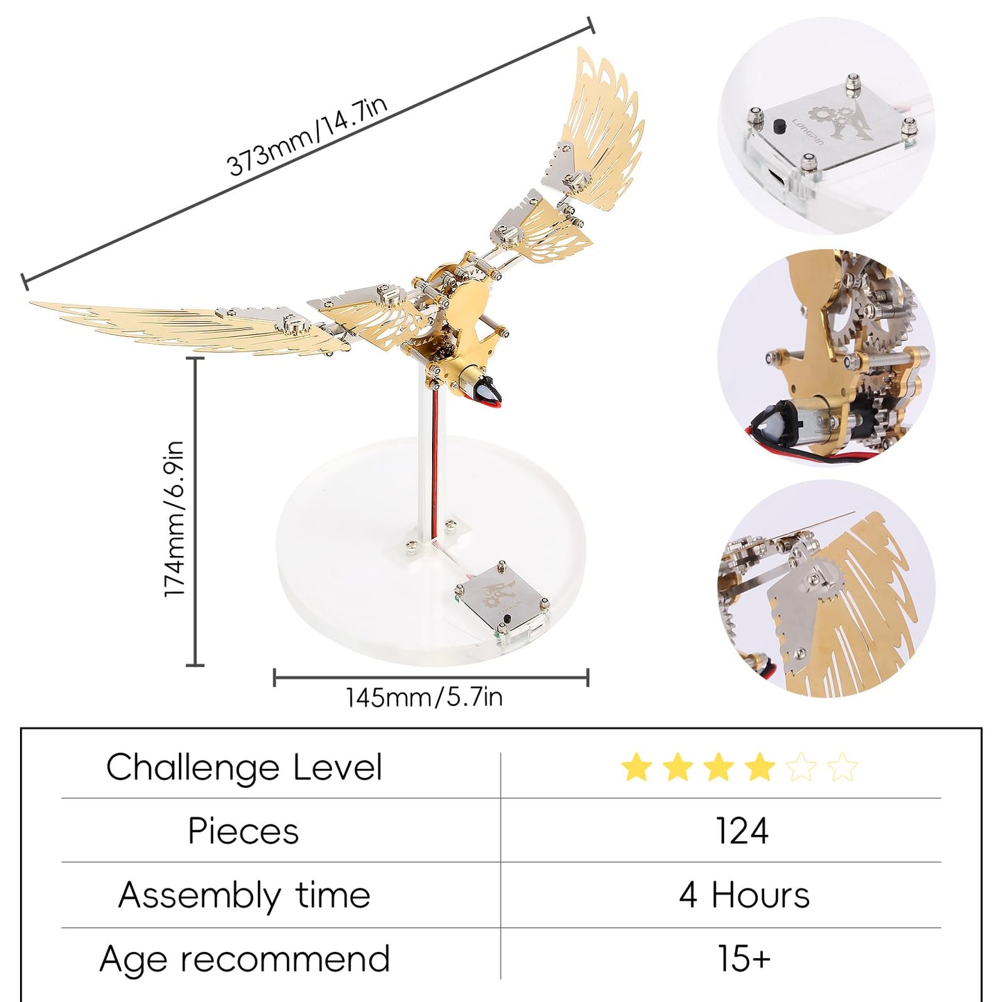 LONGPIN Flying Wings 3D Metal Puzzle Kit - Mechanical Biomimetic Wings with Micro Motor, DIY Kinetic Sculpture for Adults, Precision Electroplating