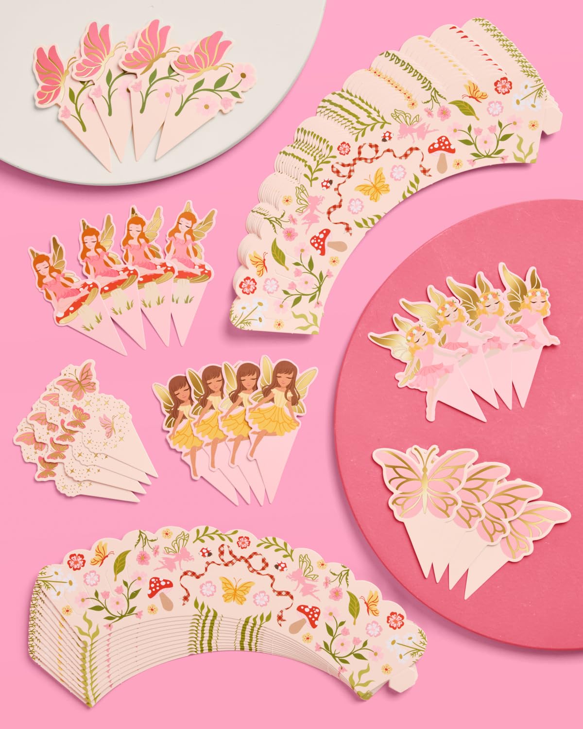 xo, Fetti Garden Fairy Cupcake Toppers and Wrappers - 24 pc Set | Woodland Decorations, Fairy First, Tea Party, Kids Birthday, Butterfly, Pink Floral