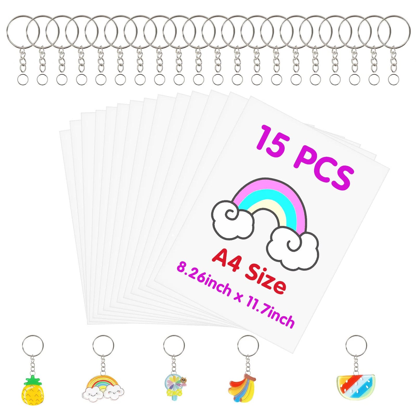 FASBET 135pcs Big Size Heat Shrinky Paper Keychain Kit with 120pcs Keychains Accessories and 15pcs A4 (11.7''x8.3'') Clear Heat Shrinky Art Film Paper