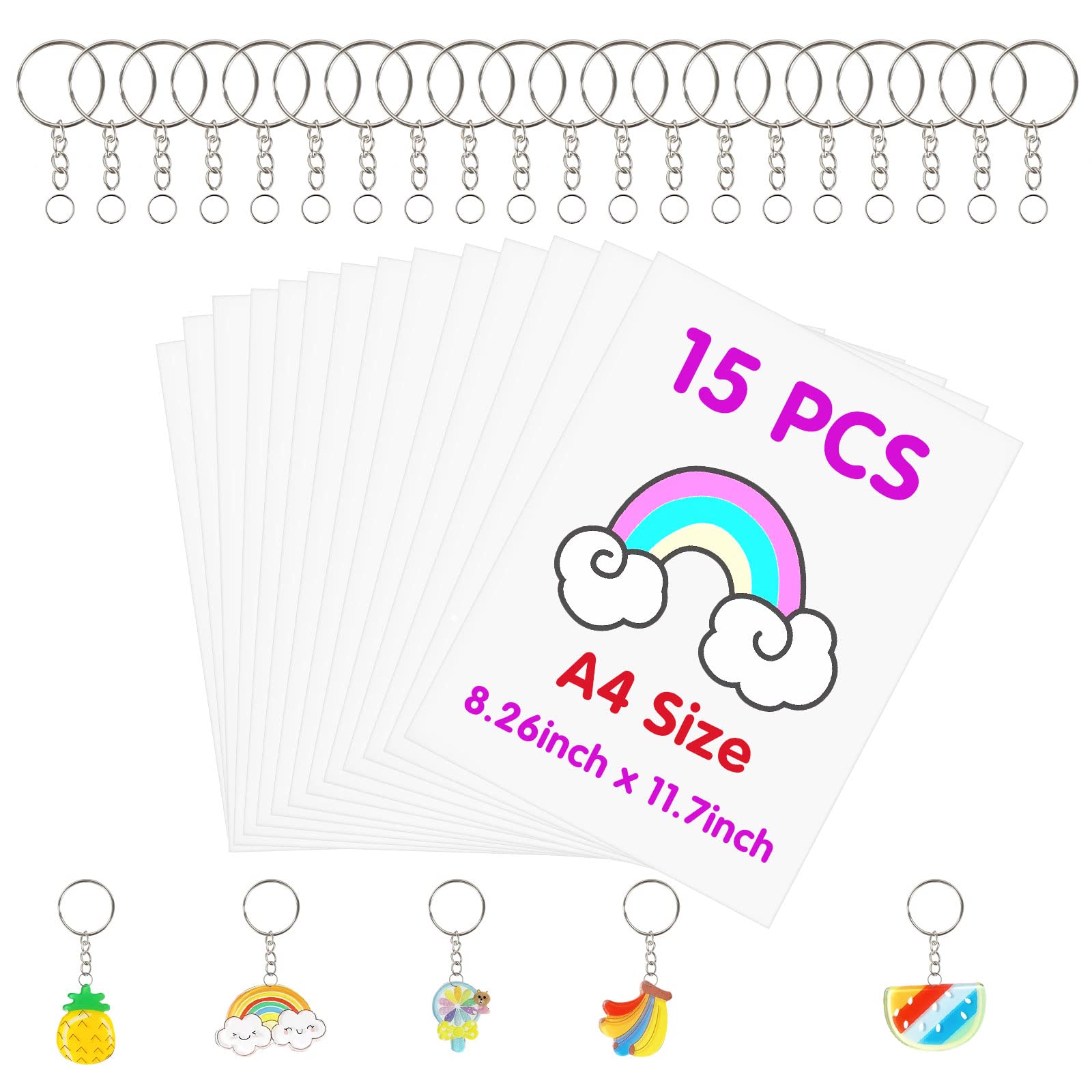 FASBET 135pcs Big Size Heat Shrinky Paper Keychain Kit with 120pcs Keychains Accessories and 15pcs A4 (11.7''x8.3'') Clear Heat Shrinky Art Film Paper