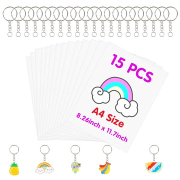 FASBET 135pcs Big Size Heat Shrinky Paper Keychain Kit with 120pcs Keychains Accessories and 15pcs A4 (11.7''x8.3'') Clear Heat Shrinky Art Film Paper