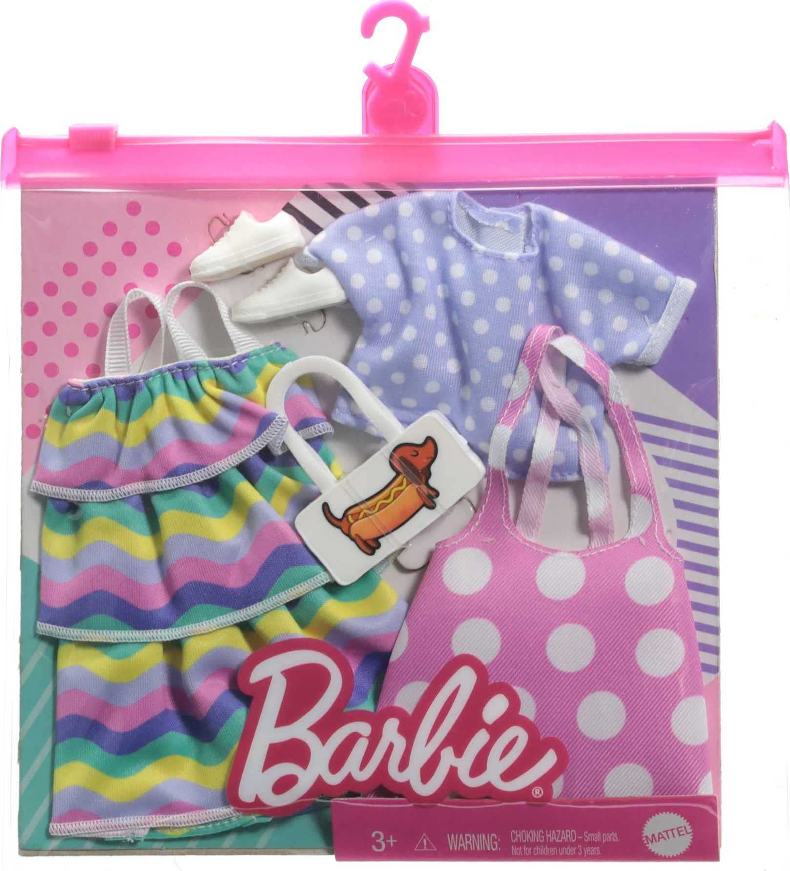 Barbie Fashions 2-Pack Clothing Set, 2 Outfits Doll Include Pink Polka-Dot Jumper, Purple Polka-Dot Top, Striped Dress & 2 Accessories, Gift for Kids