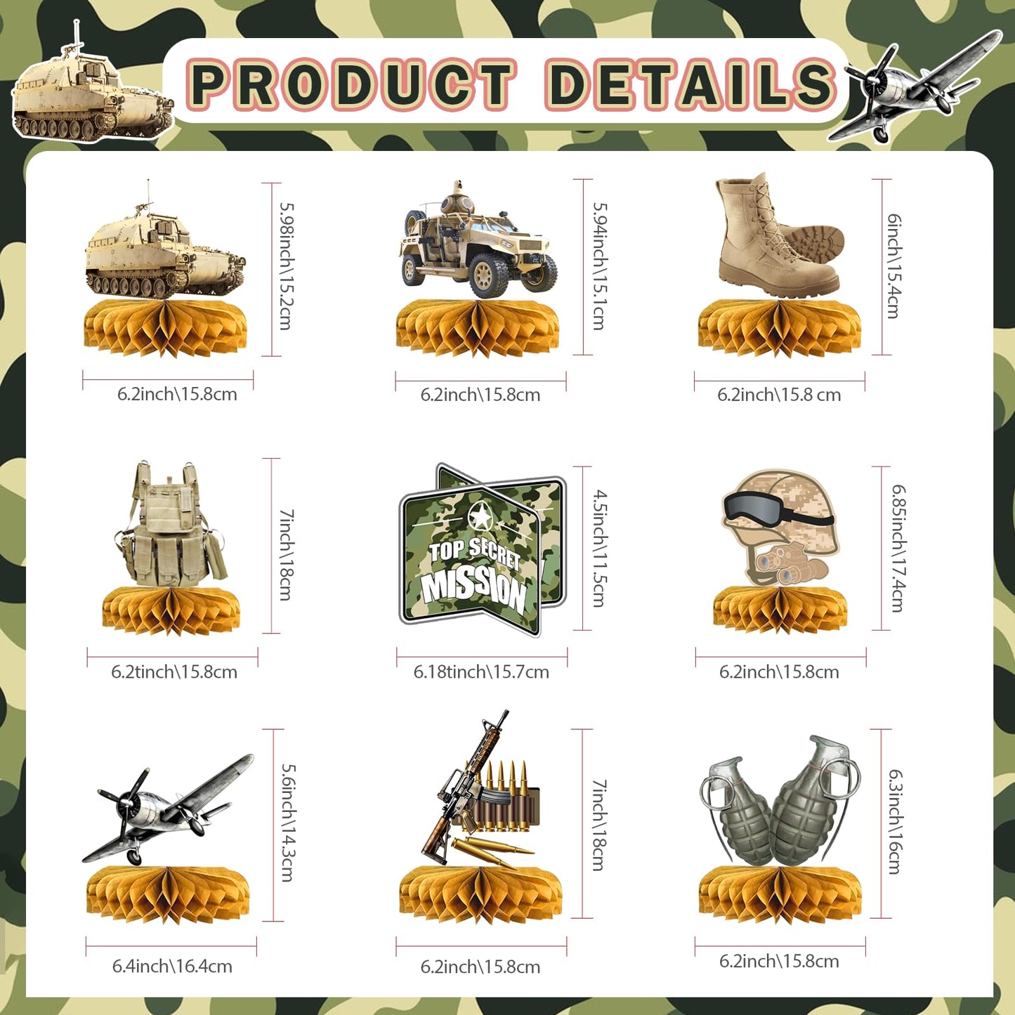 Army Party Decorations Centerpieces, 3D Tank Honeycomb, Military Table Decorations, Army Birthday Party Decorations for Baby Shower Camo Birthday