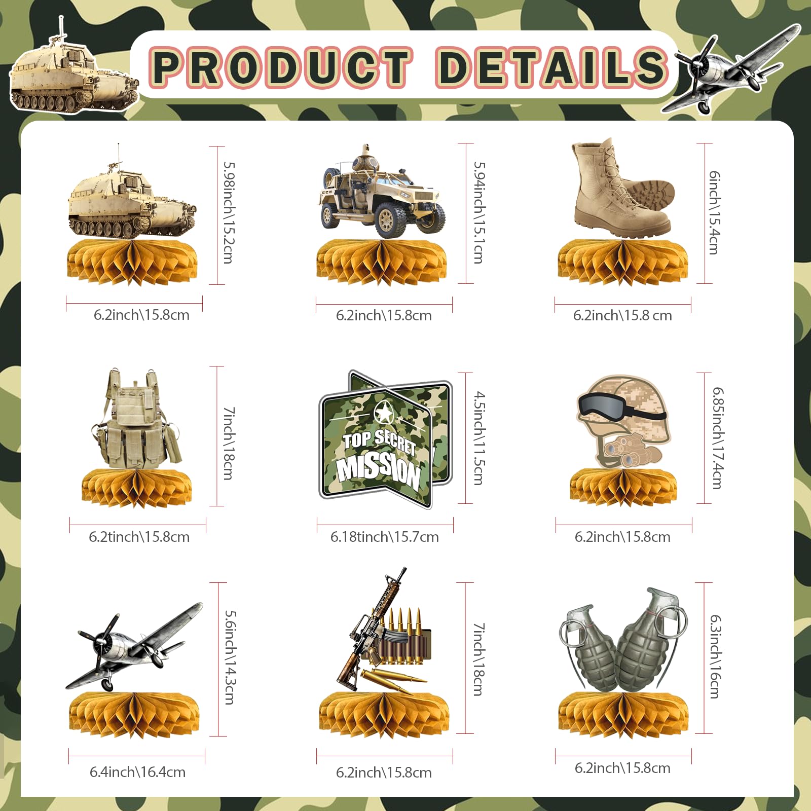 Army Party Decorations Centerpieces, 3D Tank Honeycomb, Military Table Decorations, Army Birthday Party Decorations for Baby Shower Camo Birthday